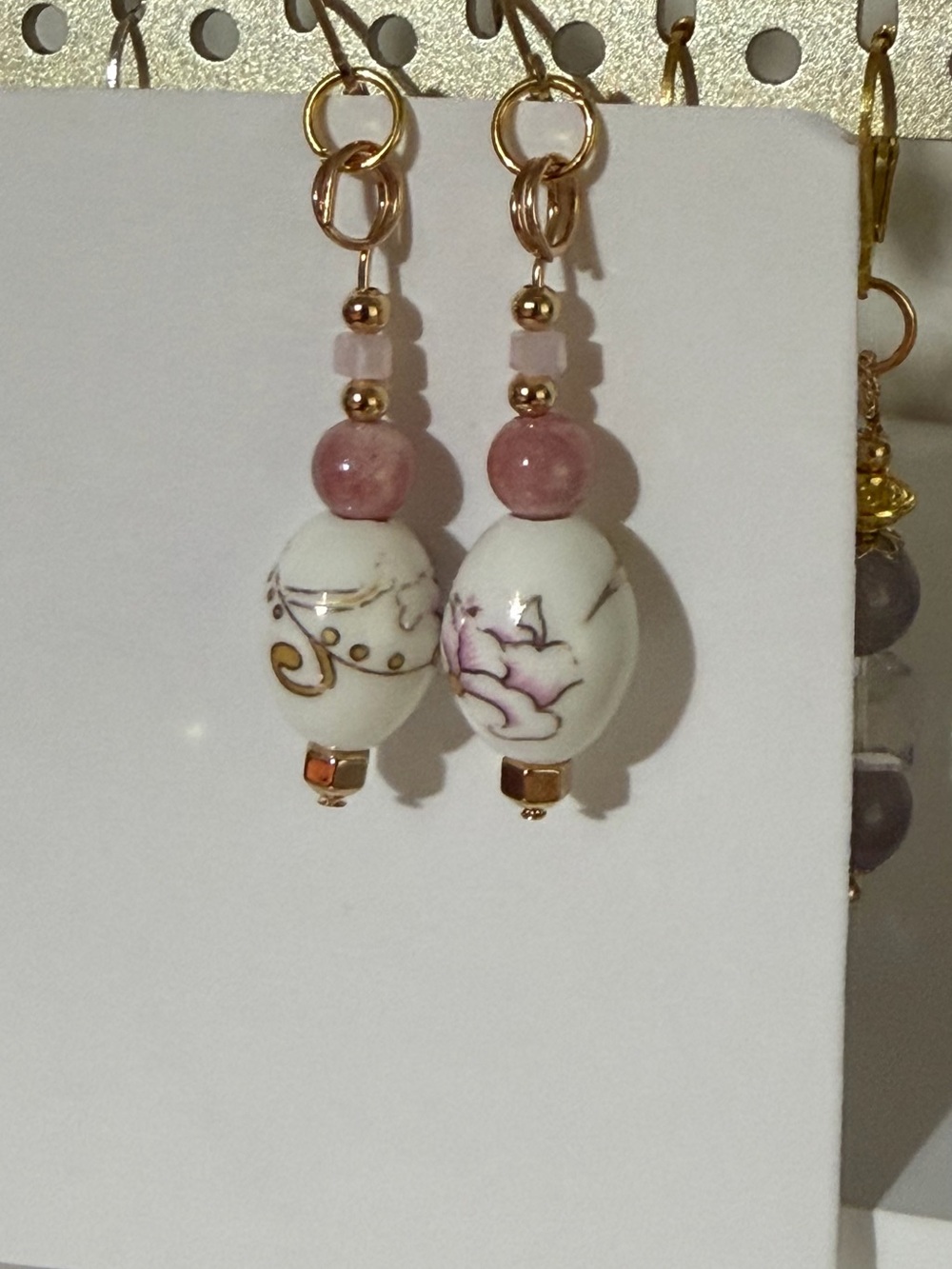 Handcrafted White & Pink Antique Style Floral Drop Earrings
